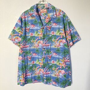 RJC Hawaiian Shirt Mens XL‎ Pink Flamingo Palm Print Blue Aloha Camp Made in USA